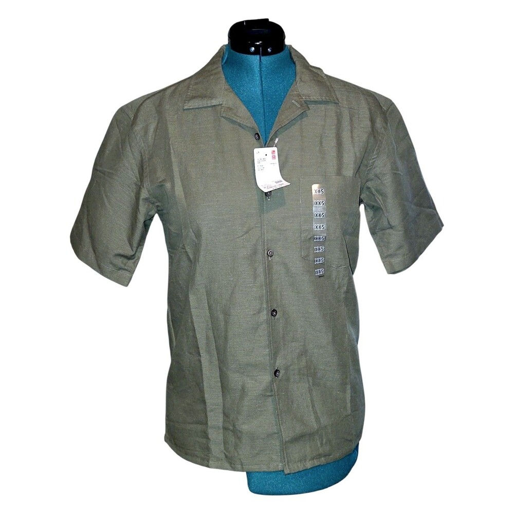 UNIQLO  Camp Collar Short Sleeve Shirt Olive Green Linen Cotton Resort Men XXS